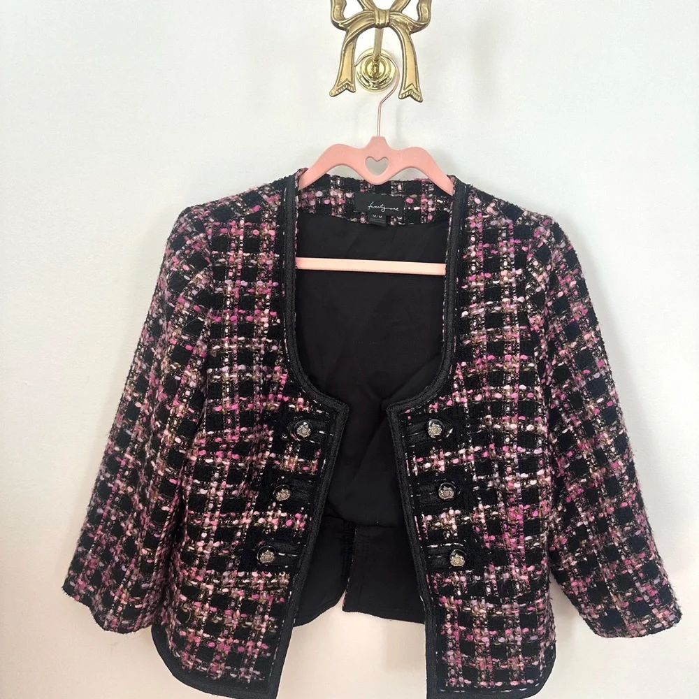 Forever 21 Black and Pink Tweed Open-Front Blazer - Picture 1 of 7